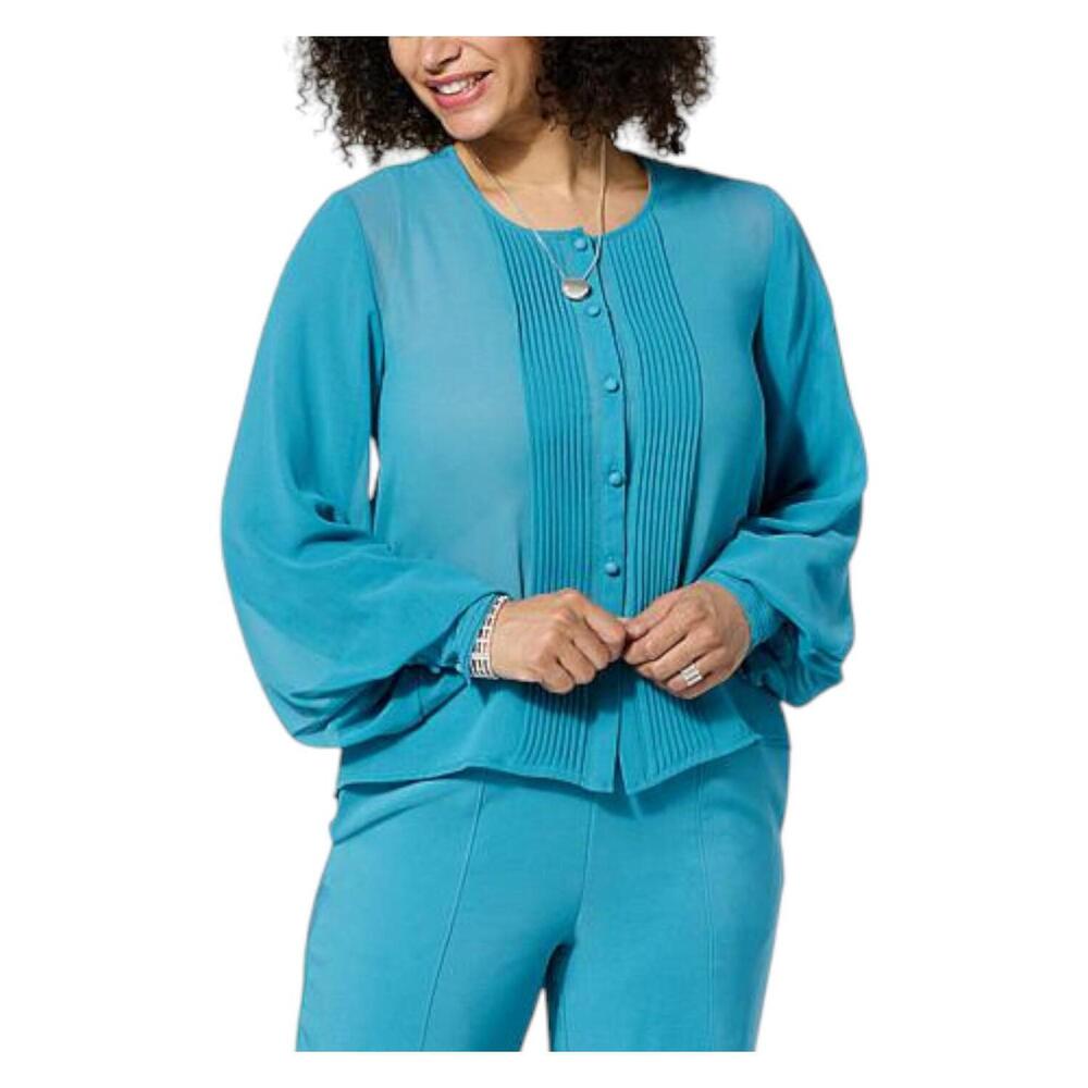 WynneCollection Women's Chiffon Tuxedo Shirt Deep Sea - Regular